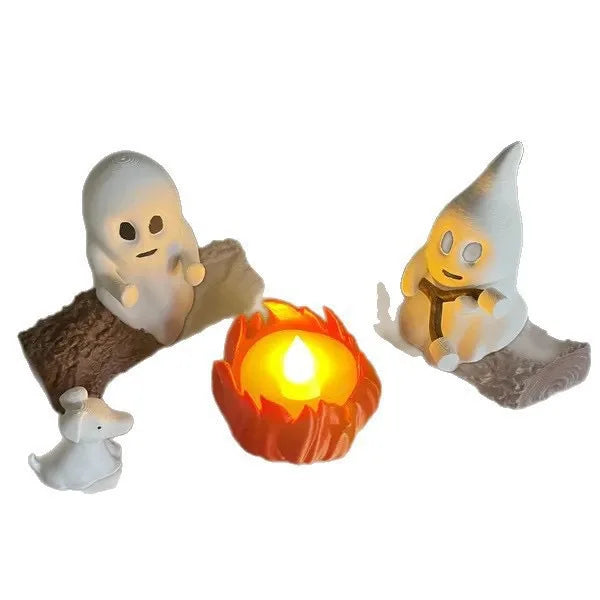 Halloween Ghost Campfire Scene Decor Set – Spooky Outdoor & Indoor Haunted House Props with Dog & Cat Ghost Figures