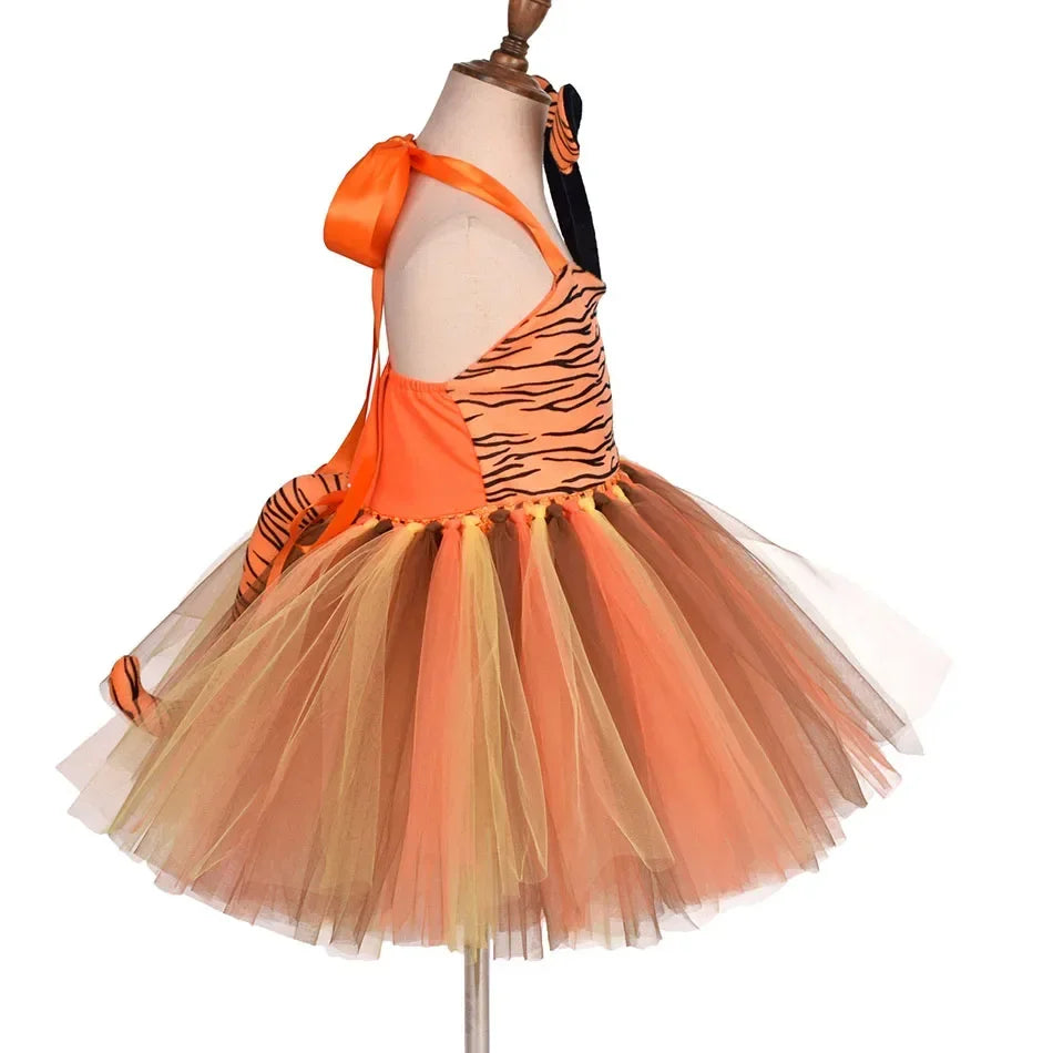 Girls’ Animal Print Tutu Costume Dress – Forest Theme Halloween Cosplay & Dance Performance Set for Kids
