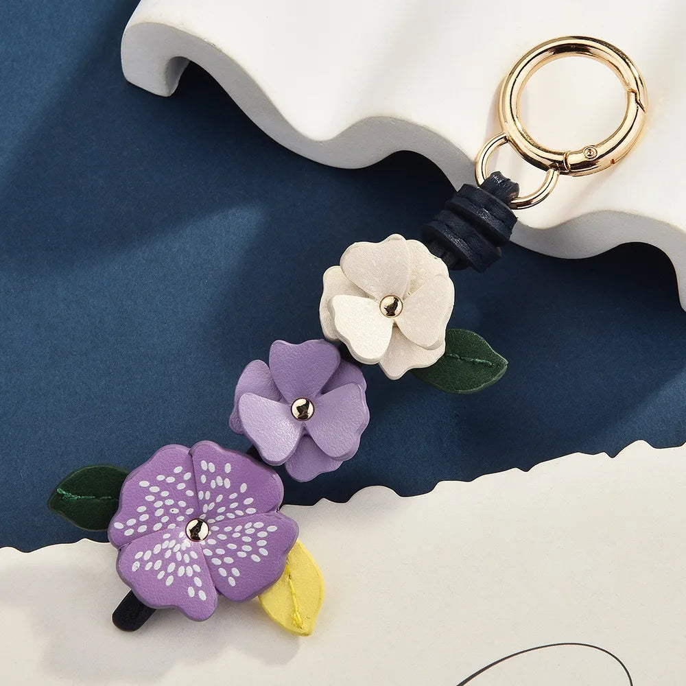 Handmade PU Leather Flower Bag Pendant & Keychain – Lotus Charm for Women
