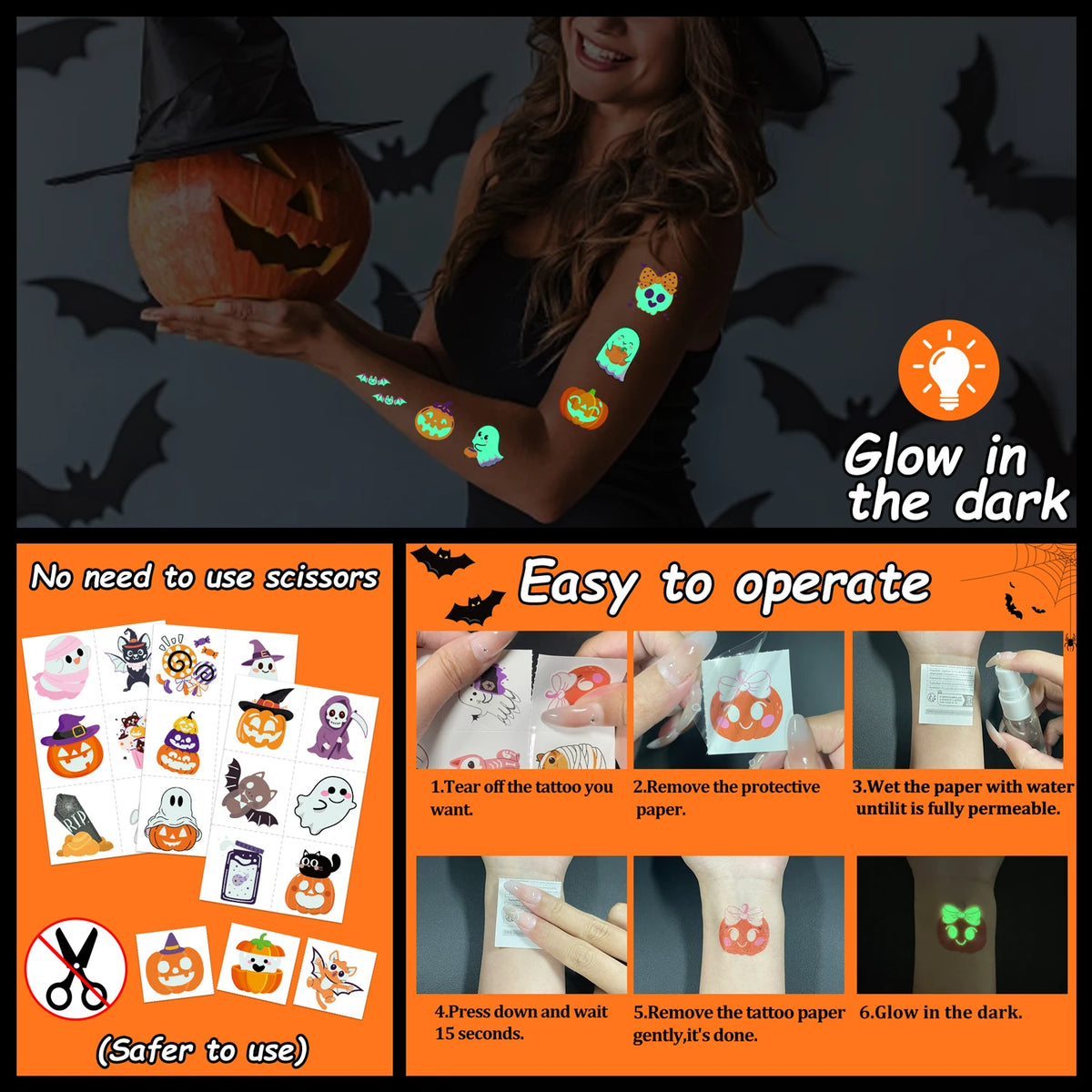 Glow-in-the-Dark Halloween Temporary Tattoos – 36 Sheets with Mixed Spooky Patterns for Party Decor & Gifts