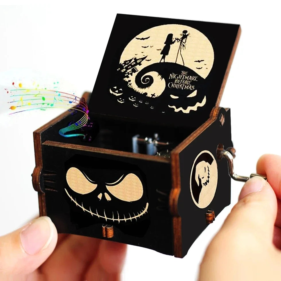 Antique Carved Wooden Hand Crank Music Box – Extended Song Collection with Halloween & Classic Themes