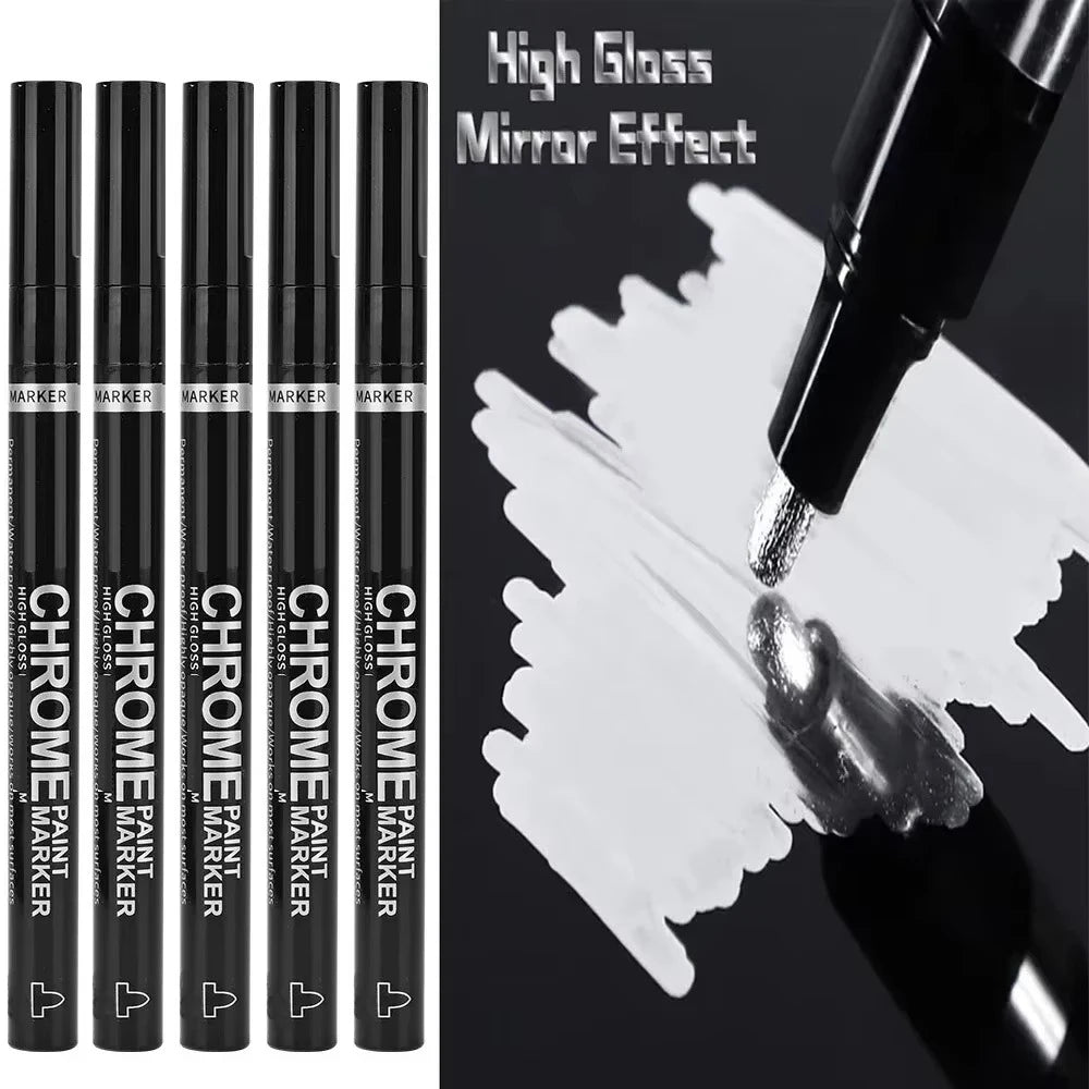 Chrome Mirror Paint Markers – Metallic Gold & Silver Liquid Ink Pens for Glass, Rock, Ceramic & Metal (1–5pcs, 2mm Nib)