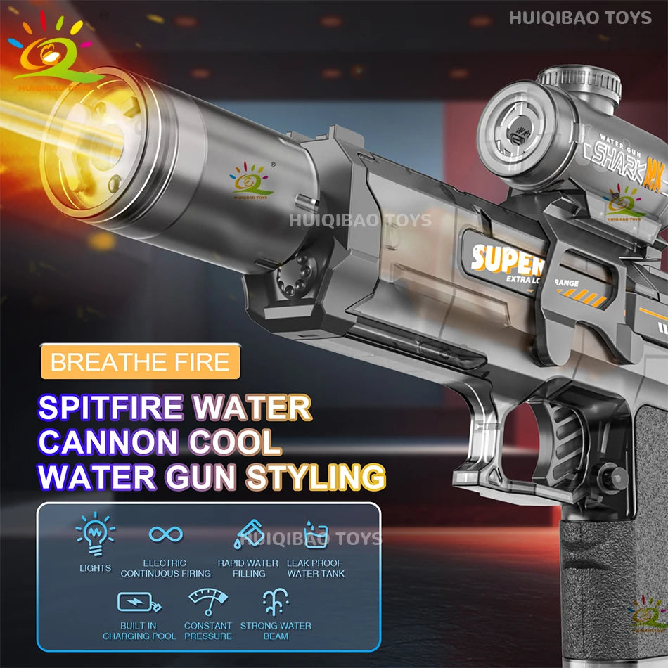 HUIQIBAO Electric Pulse Water Gun – Automatic Burst Fire, LED Flash, 8M Range, USB-C Rechargeable