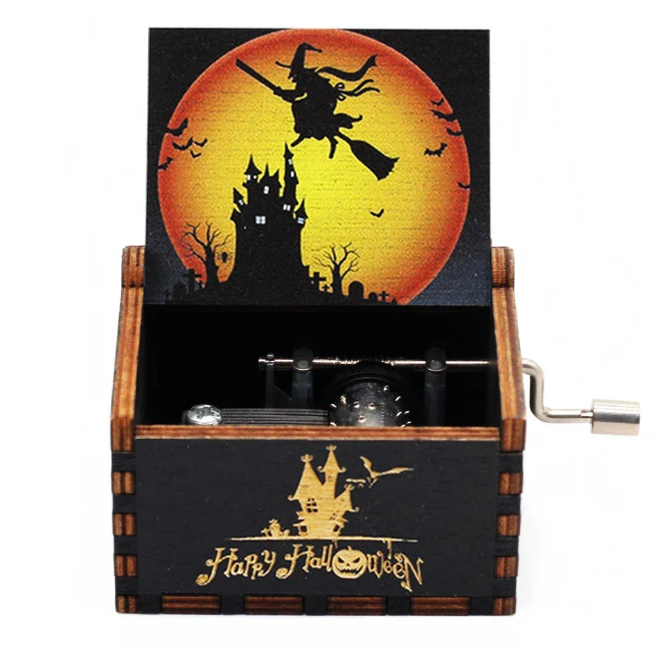 Antique Carved Wooden Hand Crank Music Box – Extended Song Collection with Halloween & Classic Themes