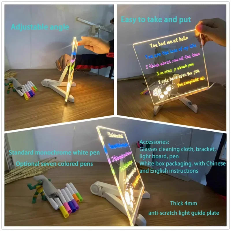 Attached With 7 Colorful Pens Light Up Acrylic Message Board Rewritable DIY Children's Glowing Drawing Board Message Lamp 202