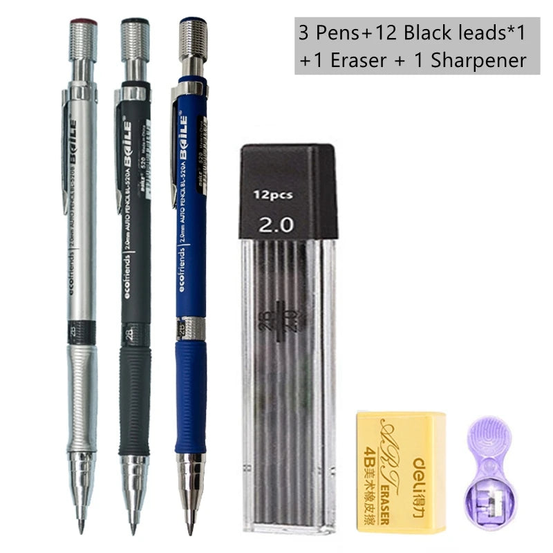 2.0mm Mechanical Pencil Set with 2B Lead Refills – Black & Colour Leads for Writing, Sketching, Drawing & Art (Pencil Sets & Refill Packs)