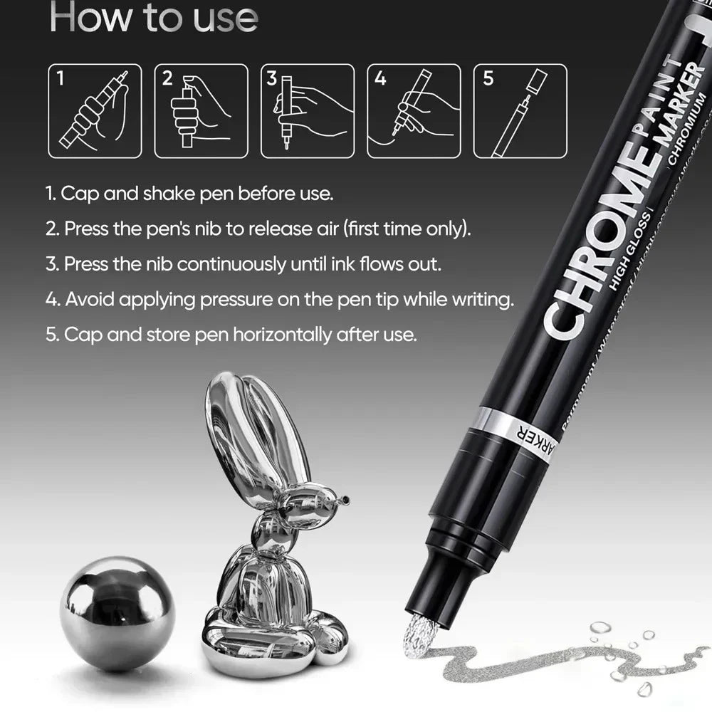 Chrome Mirror Paint Markers – Metallic Gold & Silver Liquid Ink Pens for Glass, Rock, Ceramic & Metal (1–5pcs, 2mm Nib)