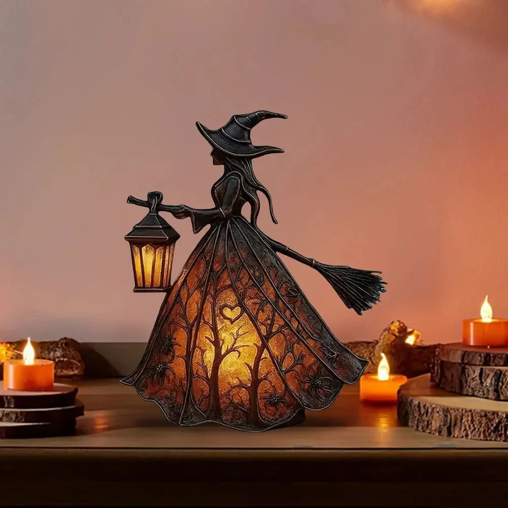 Halloween Witch Lantern LED Night Light – Gothic Resin Statue with Broom for Spooky Home Decor
