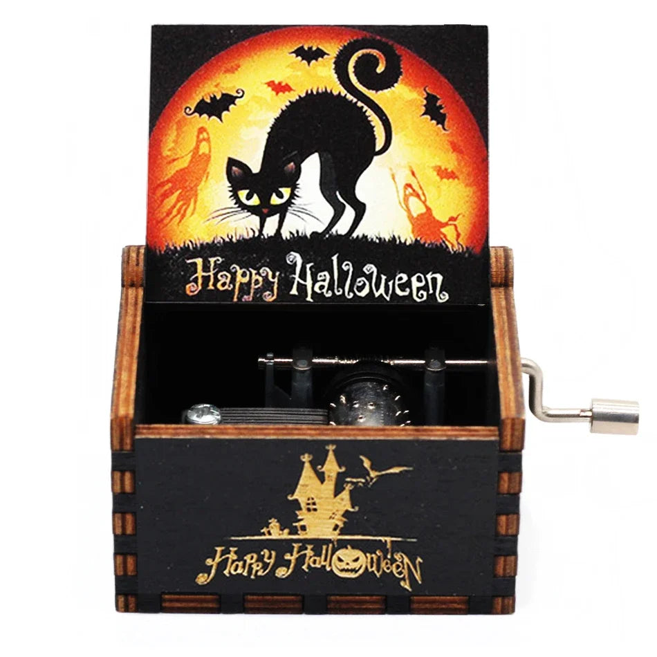 Antique Carved Wooden Hand Crank Music Box – Extended Song Collection with Halloween & Classic Themes