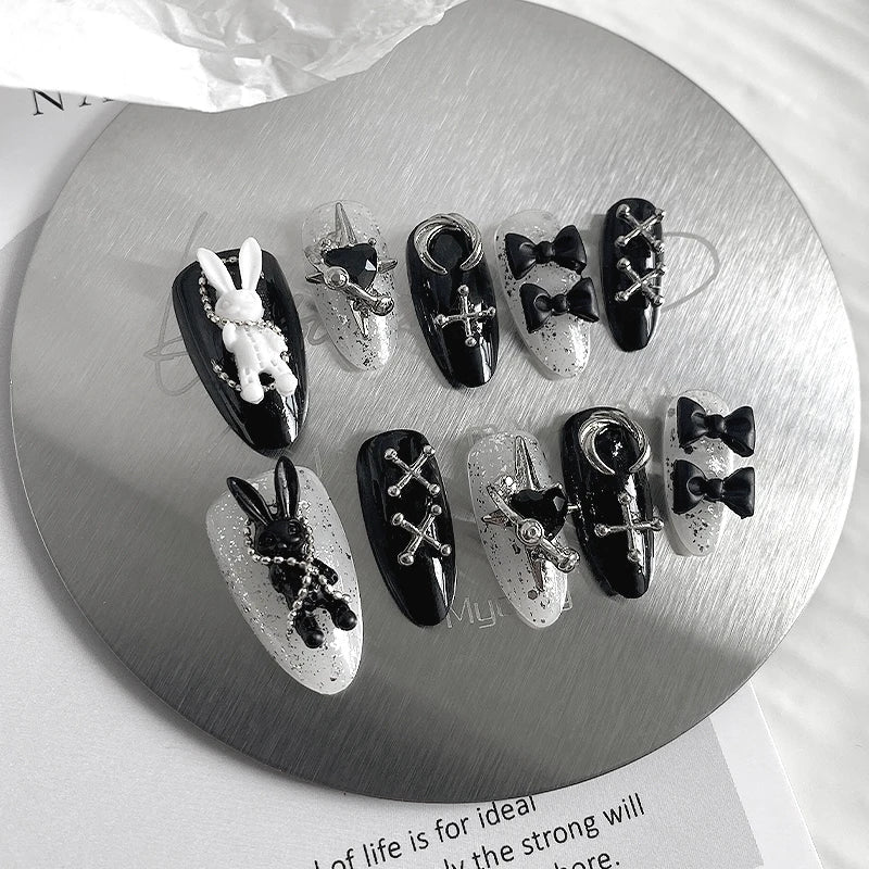 Halloween Black & White Bunny Press-On Nails – 10pcs Handmade Almond Shaped Fake Nails for Women
