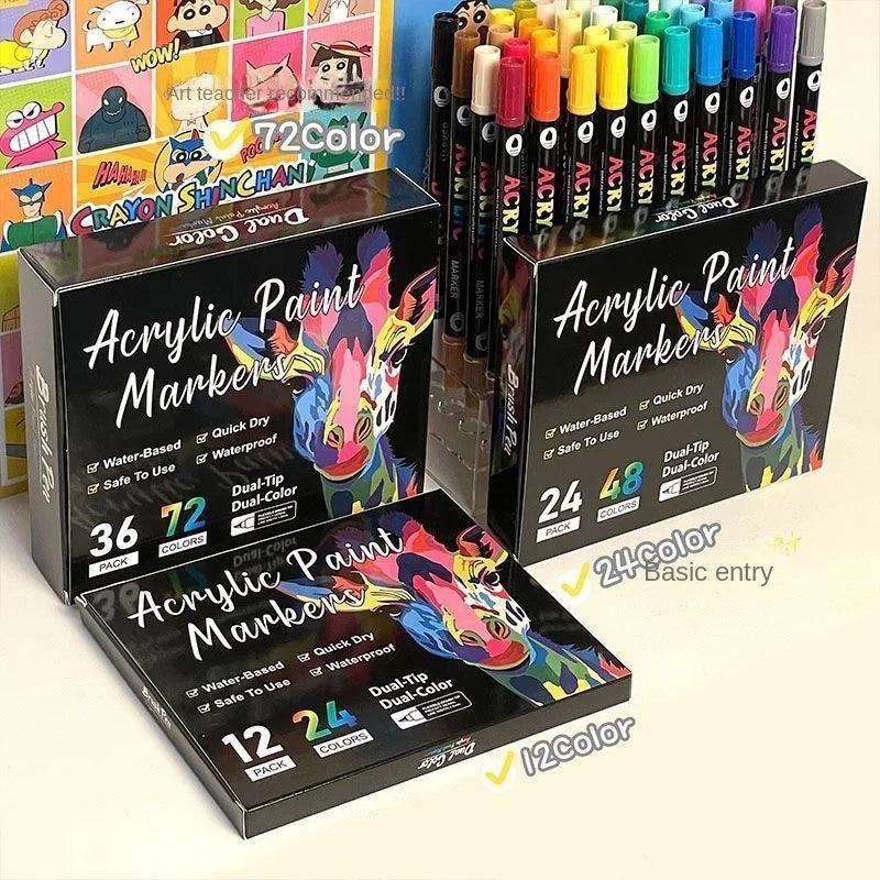 Professional Dual-Tip Acrylic Paint Markers – Fine & Brush Tip Pens for Stone, Wood, Calligraphy & Mixed Media (24, 48, 72, 9
