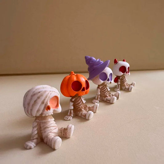 4pcs Spooky Resin Halloween Mini Figurines Set – Pumpkins, Ghosts & Skulls for Home, Party & Garden Decor