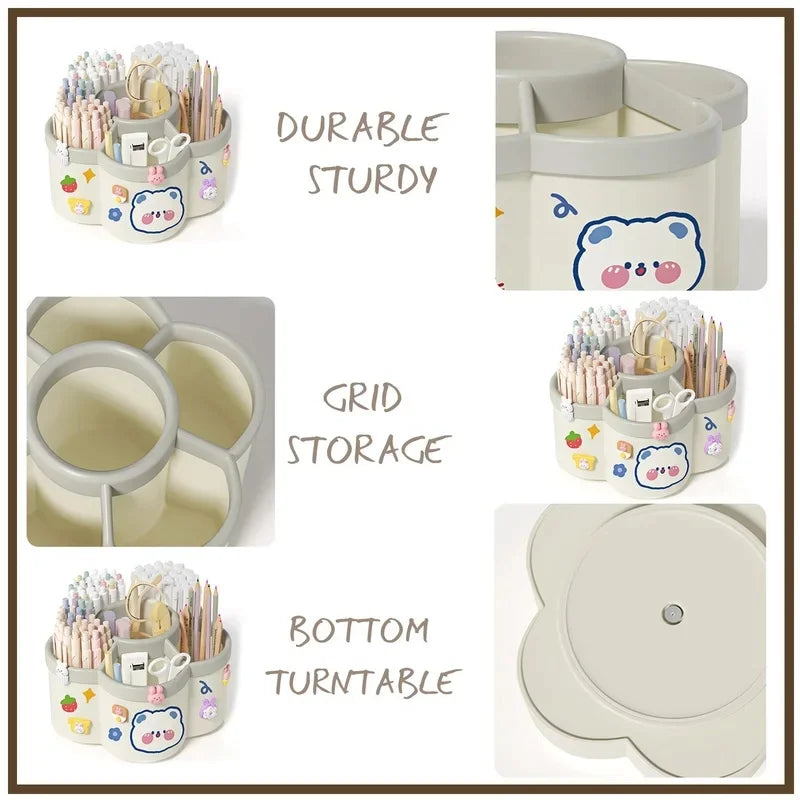 Rotating Desk Organiser – Large Pen & Makeup Brush Holder for Office, Dorm & Vanity in Cherry Pink or White (Japan Style)