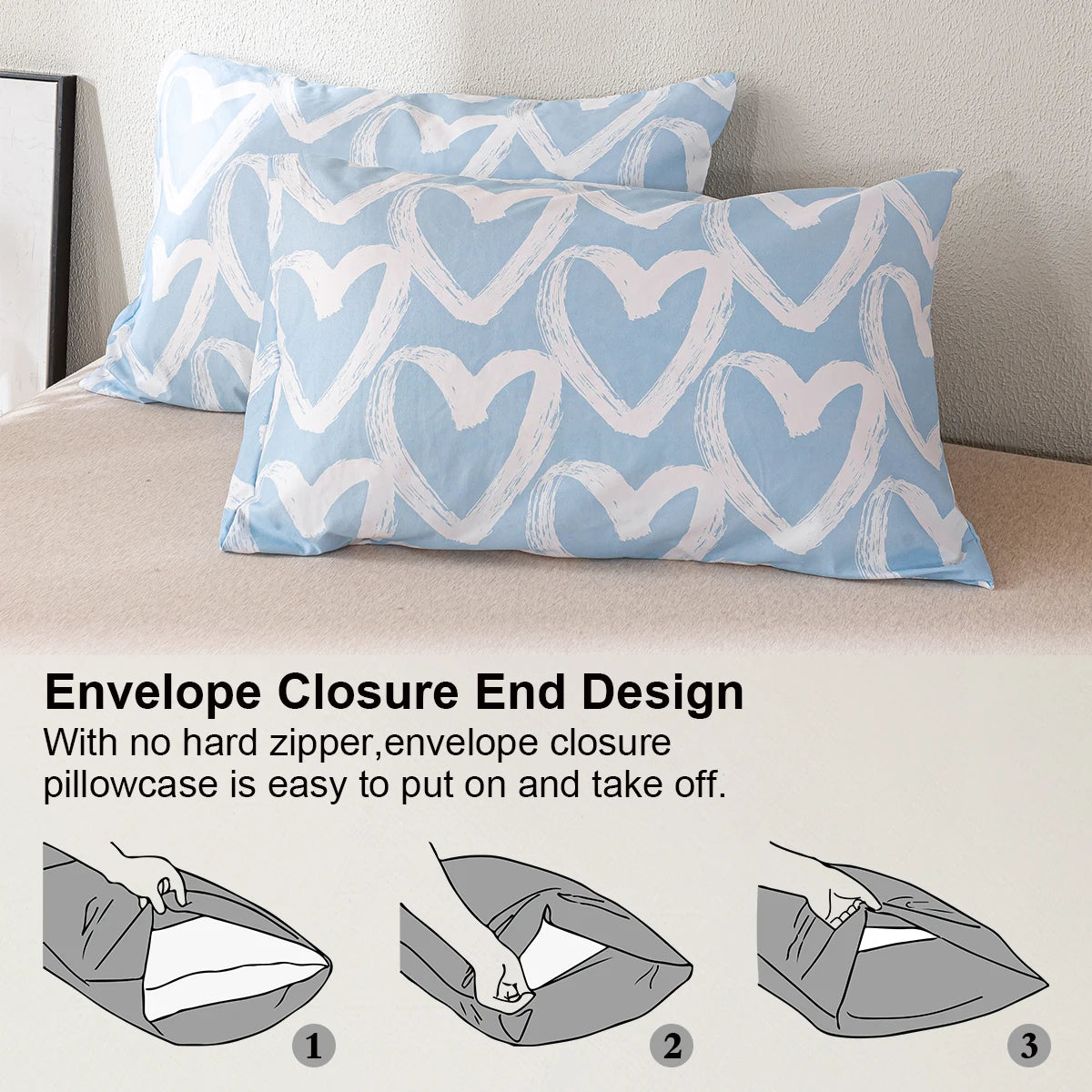 3pcs/set Heart Print Duvet Cover Set - Blue & Gray(1 Duvet Cover & 2 Pillowcase?Soft And Skin-Friendly Duvet Cover Bedding Se