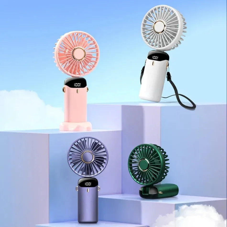 Folding Fan with Phone Stand, 5-Speed USB-C Rechargeable, LED Display Handheld & Desk Fan, Portable Fan for Outdoor Travel Gi