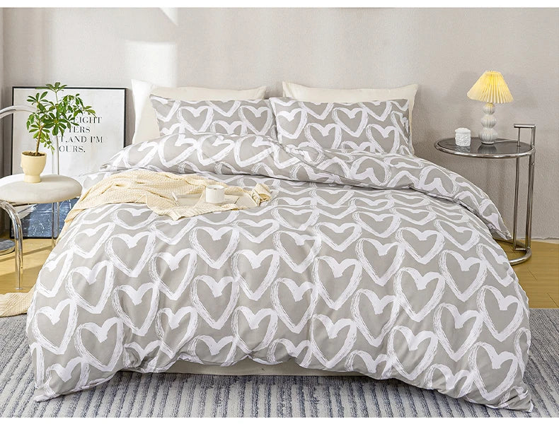3pcs/set Heart Print Duvet Cover Set - Blue & Gray(1 Duvet Cover & 2 Pillowcase?Soft And Skin-Friendly Duvet Cover Bedding Set