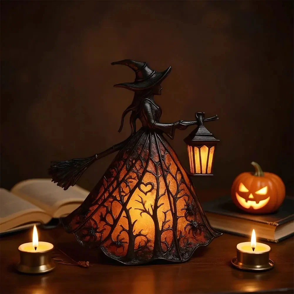Halloween Witch Lantern LED Night Light – Gothic Resin Statue with Broom for Spooky Home Decor