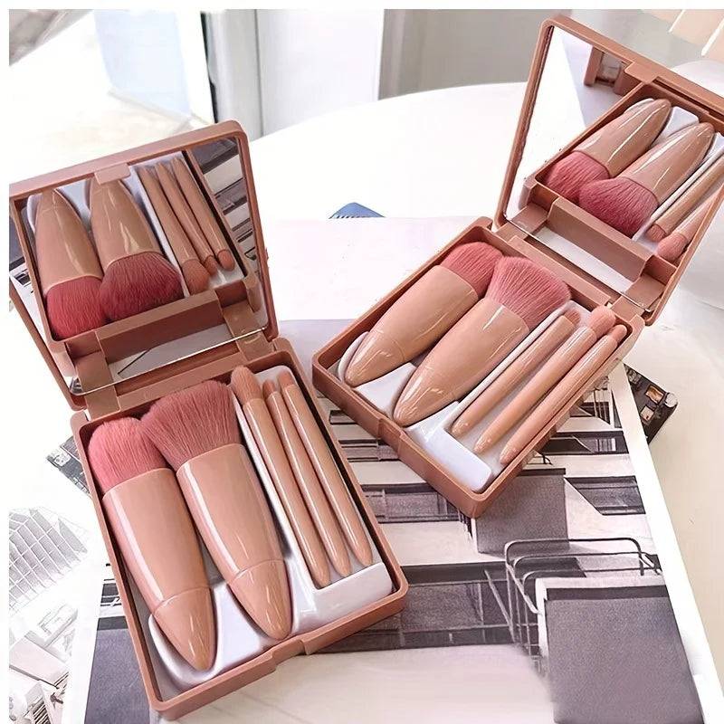 5-Piece Portable Travel Makeup Brush Set with Mirror – Compact Beauty Kit