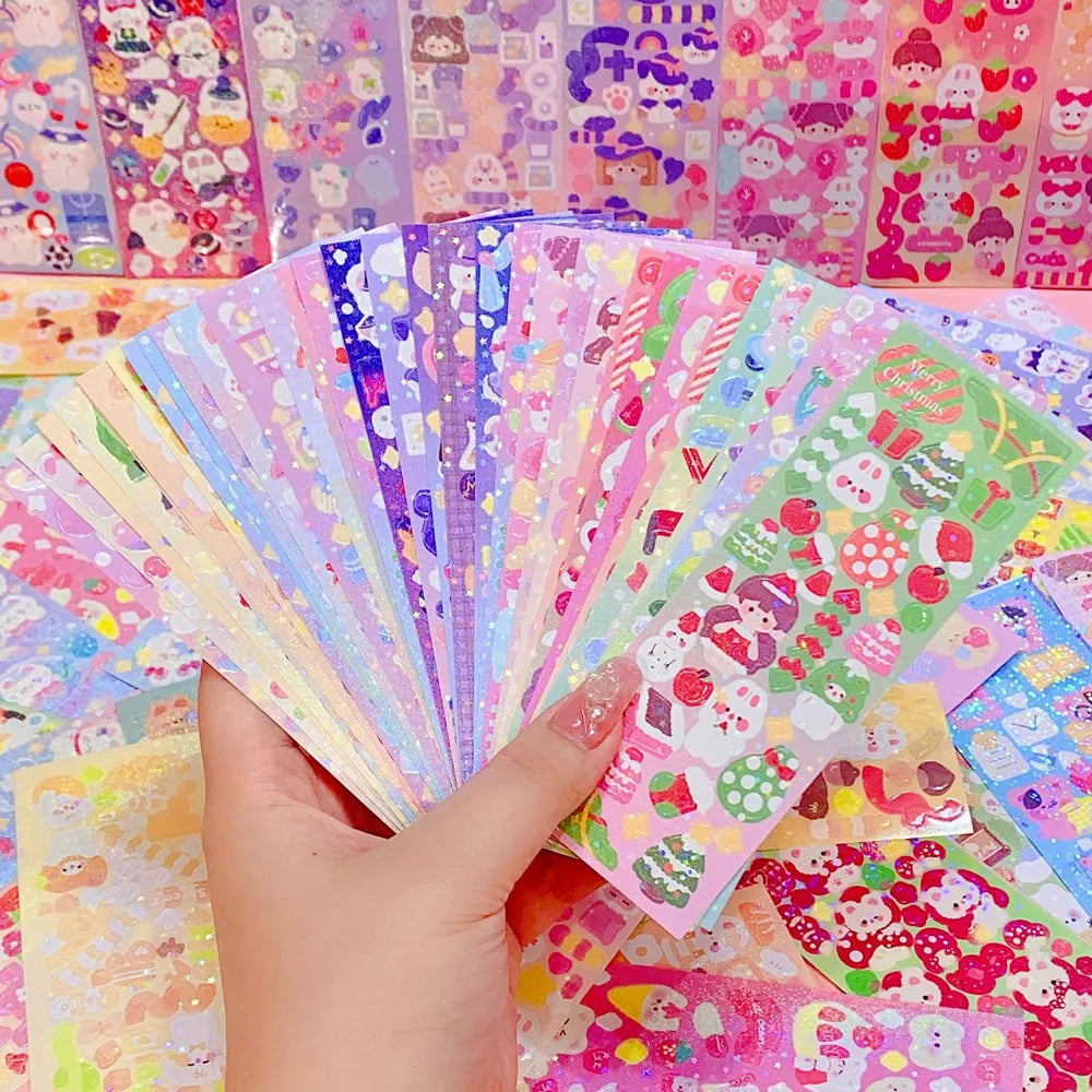 Korean Aesthetic Laser Cartoon Stickers – Cute Holographic Diary & Scrapbooking Stickers, Waterproof & Reusable (20, 60, 100 