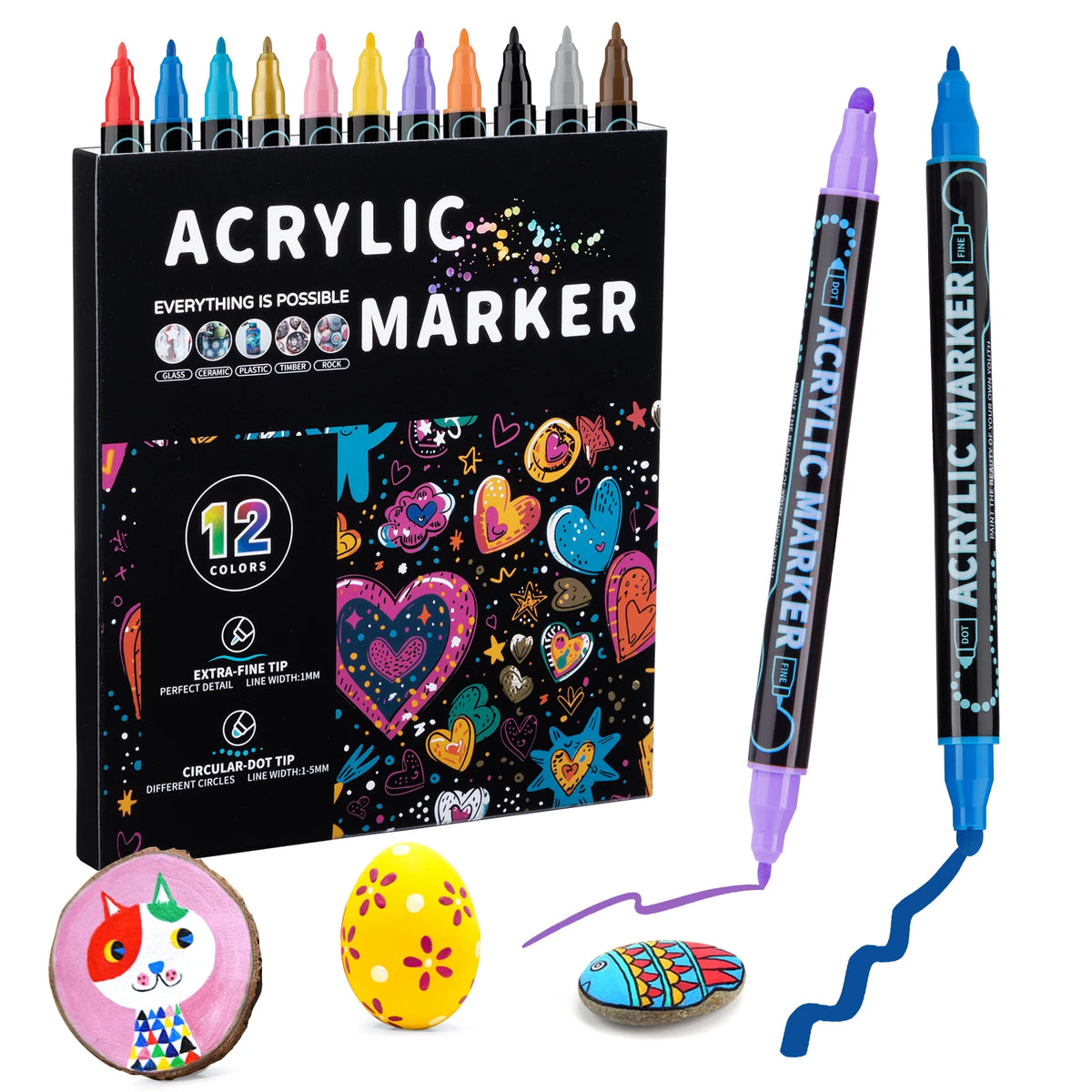 Dual Tip Acrylic Paint Pens – Multi-Surface Markers for Wood, Canvas, Stone, Rock, Glass & Ceramic DIY Crafts (12, 24, 36 or 48 Colours)