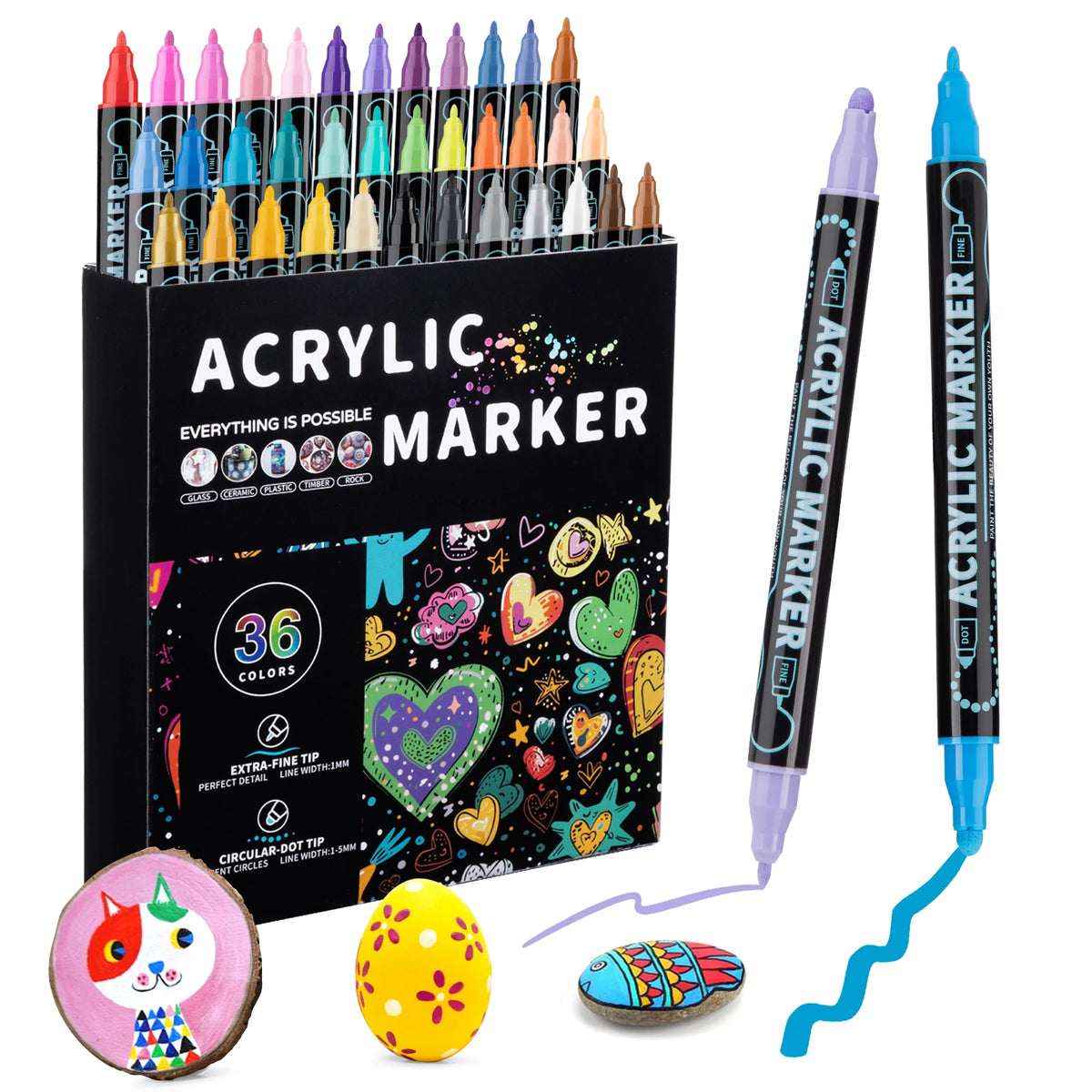 Dual Tip Acrylic Paint Pens – Multi-Surface Markers for Wood, Canvas, Stone, Rock, Glass & Ceramic DIY Crafts (12, 24, 36 or 48 Colours)