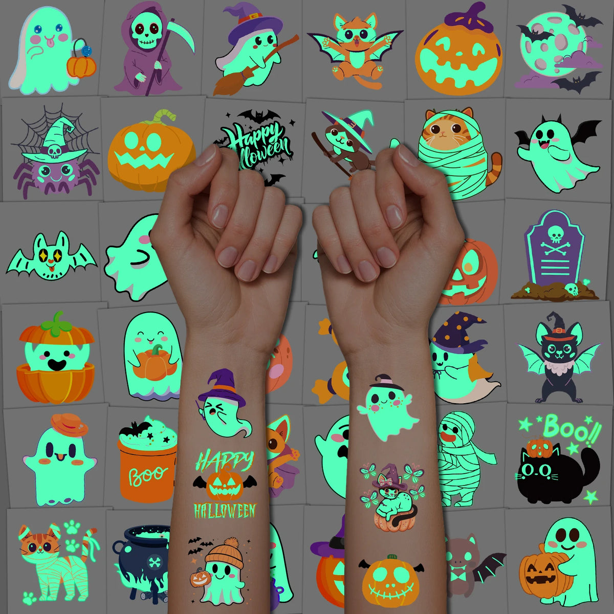 Glow-in-the-Dark Halloween Temporary Tattoos – 36 Sheets with Mixed Spooky Patterns for Party Decor & Gifts