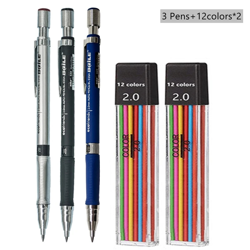 2.0mm Mechanical Pencil Set with 2B Lead Refills – Black & Colour Leads for Writing, Sketching, Drawing & Art (Pencil Sets & Refill Packs)