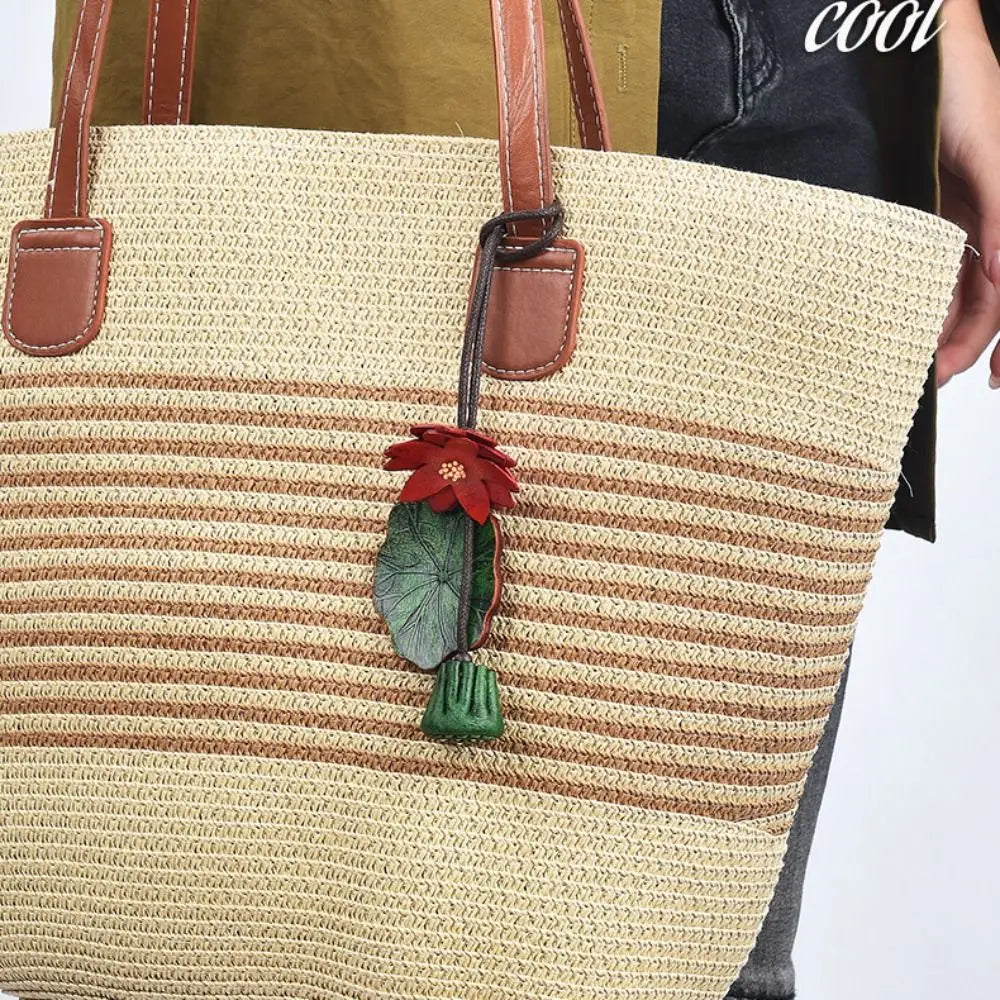 Handmade PU Leather Flower Bag Pendant & Keychain – Lotus Charm for Women