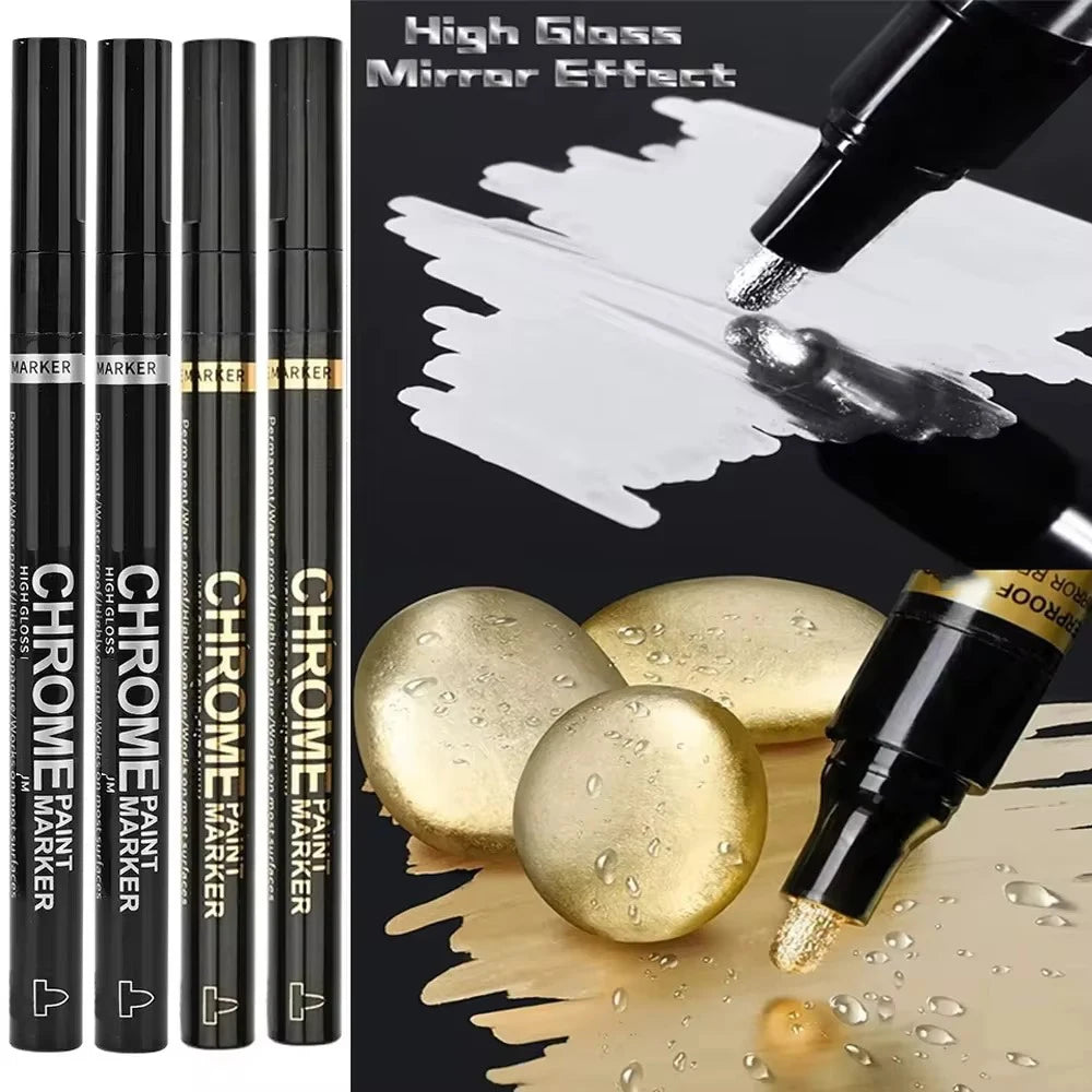 Chrome Mirror Paint Markers – Metallic Gold & Silver Liquid Ink Pens for Glass, Rock, Ceramic & Metal (1–5pcs, 2mm Nib)
