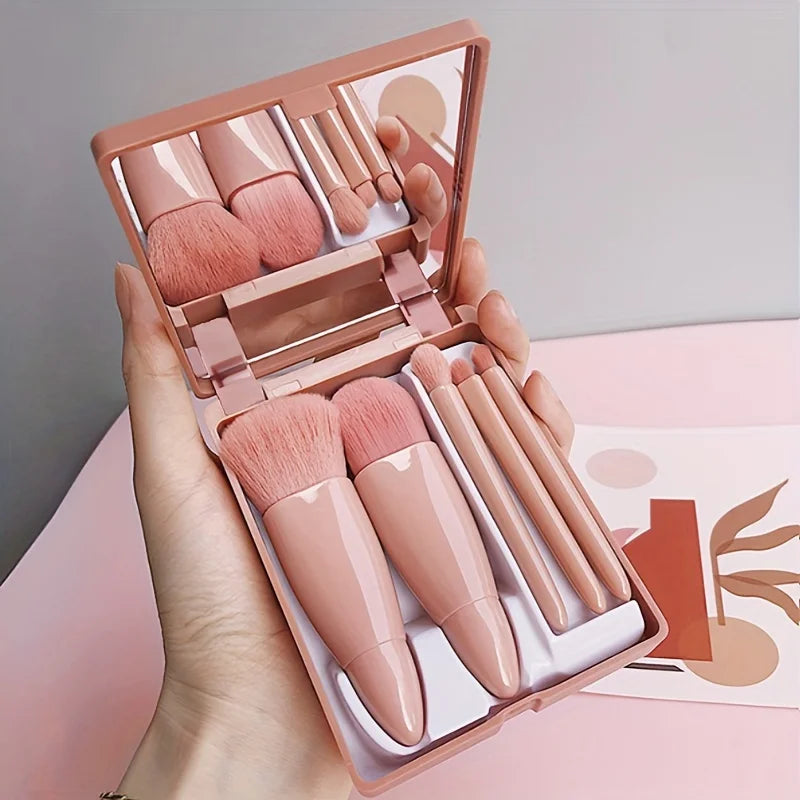 5-Piece Portable Travel Makeup Brush Set with Mirror – Compact Beauty Kit