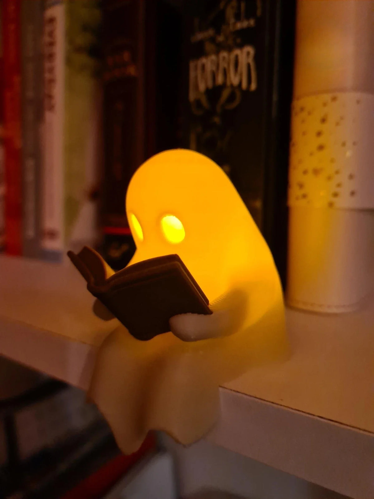 Ghost Reading a Book Shelf Sitter Figurine – Cute Halloween Ornament with Flickering LED Tealight