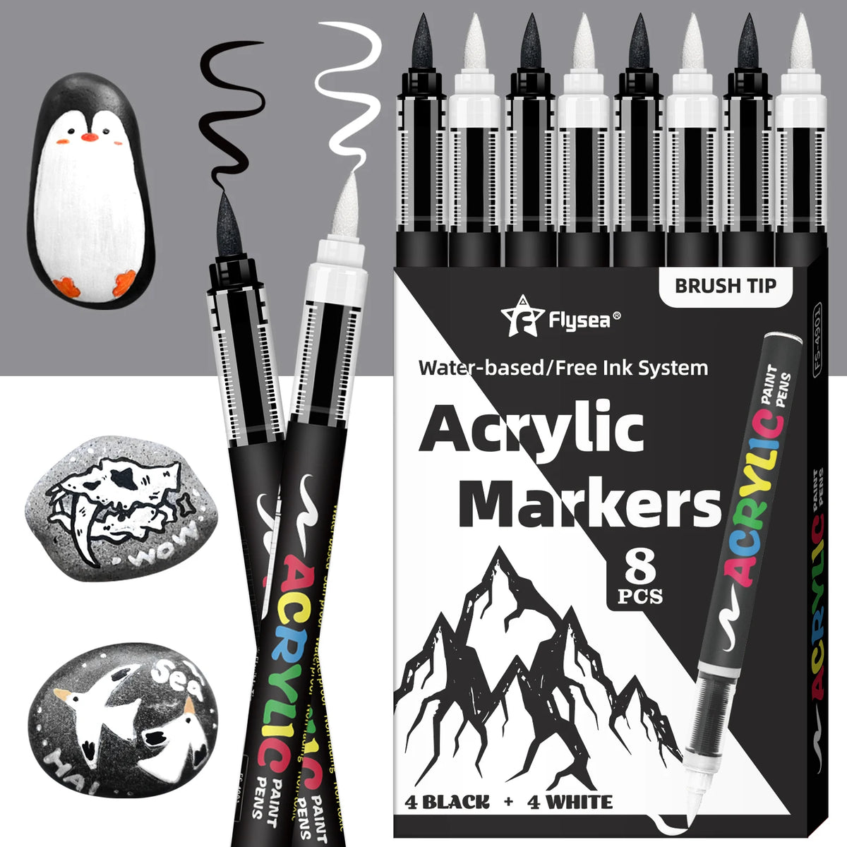 Flysea Black & White Acrylic Paint Markers – Large Ink Capacity 8-Pack for Illustration, Sketching, Wood, Glass & Fabric (All