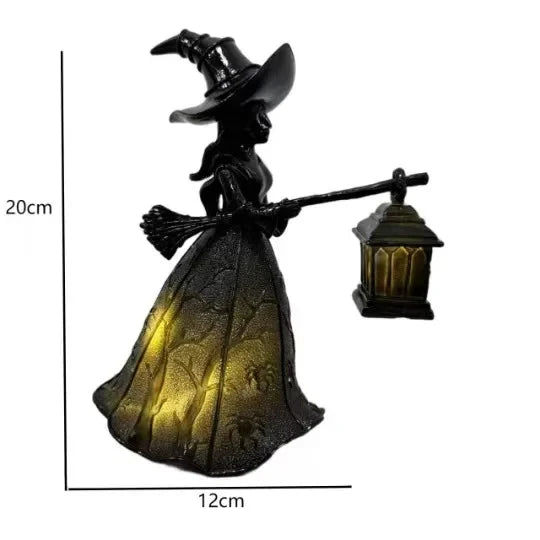 Halloween Witch Lantern LED Night Light – Gothic Resin Statue with Broom for Spooky Home Decor