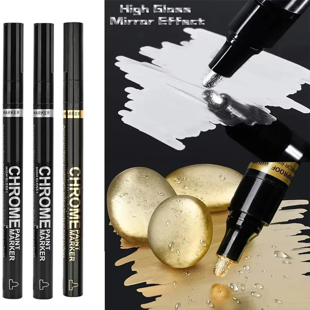 Chrome Mirror Paint Markers – Metallic Gold & Silver Liquid Ink Pens for Glass, Rock, Ceramic & Metal (1–5pcs, 2mm Nib)