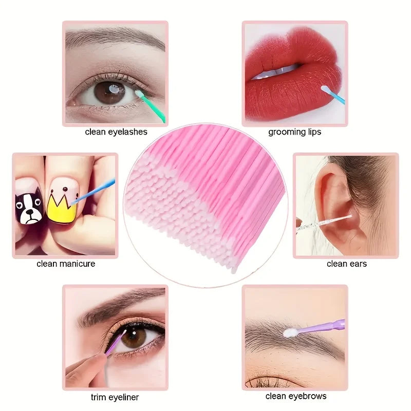 100-Pack Disposable Micro Cotton Swabs – Lash Extension & Makeup Cleaning Brush