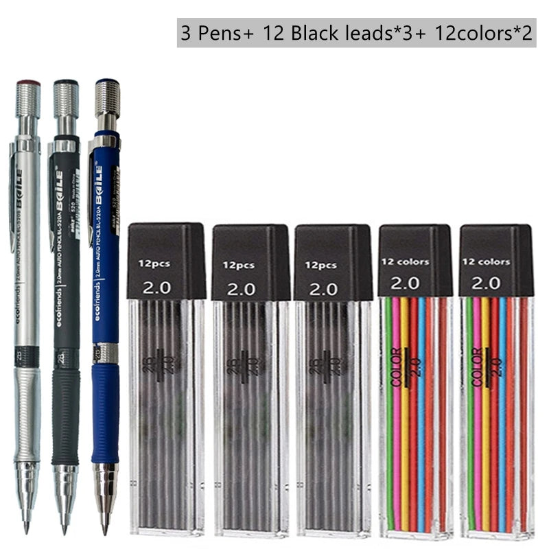 2.0mm Mechanical Pencil Set with 2B Lead Refills – Black & Colour Leads for Writing, Sketching, Drawing & Art (Pencil Sets & Refill Packs)