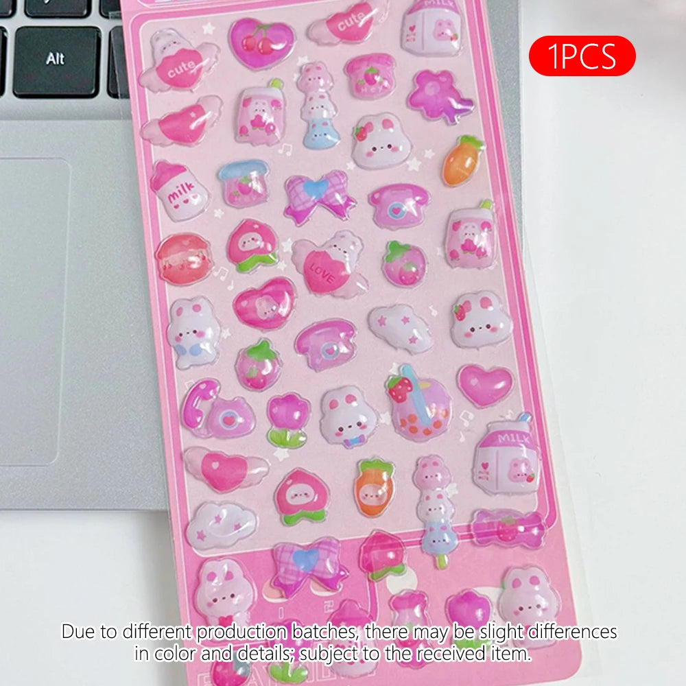 3D Embossed Diamond Cartoon Sticker Sheet – PVC Craft Decals for Scrapbooking, Journaling & Stationery Decoration (4 Designs or Random)