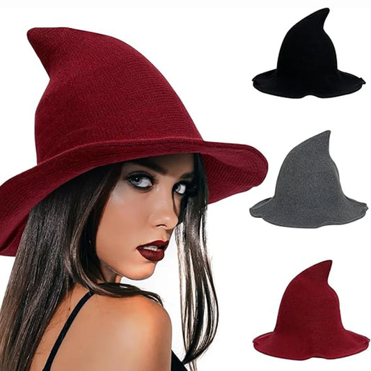 Halloween Knitted Wide-Brim Witch Hat – Shapeable Wire Brim Women’s Costume Hat for Halloween, Parties & Cosplay