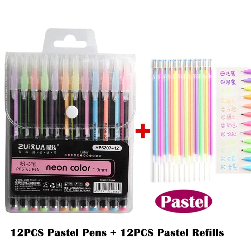 Kissbuty Glitter, Metallic, Pastel & Highlighter Gel Pens – 1.0mm Coloring Pens with Refills for Journaling, Art & Adult Colouring Books (12pcs)