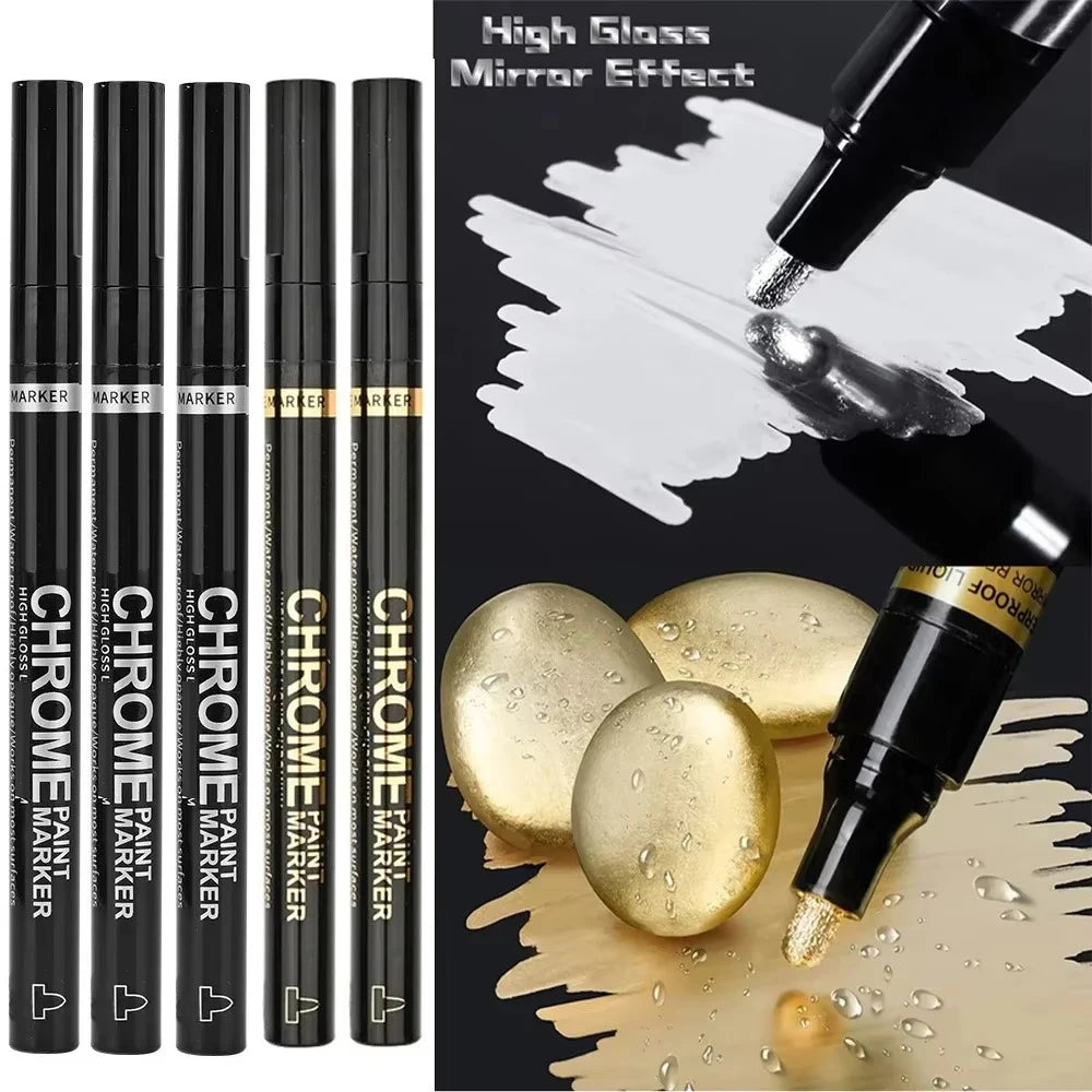Chrome Mirror Paint Markers – Metallic Gold & Silver Liquid Ink Pens for Glass, Rock, Ceramic & Metal (1–5pcs, 2mm Nib)