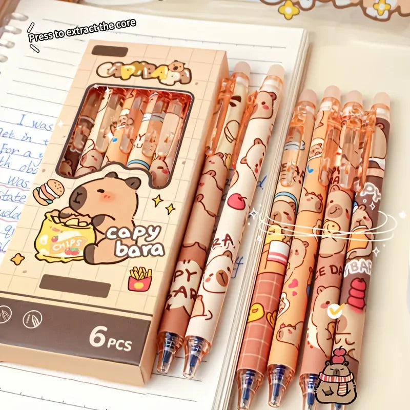 Capybara Erasable Retractable Gel Pens – 6pcs in 6 Colours, 0.5mm Quick-Dry Smooth Writing for School & Office