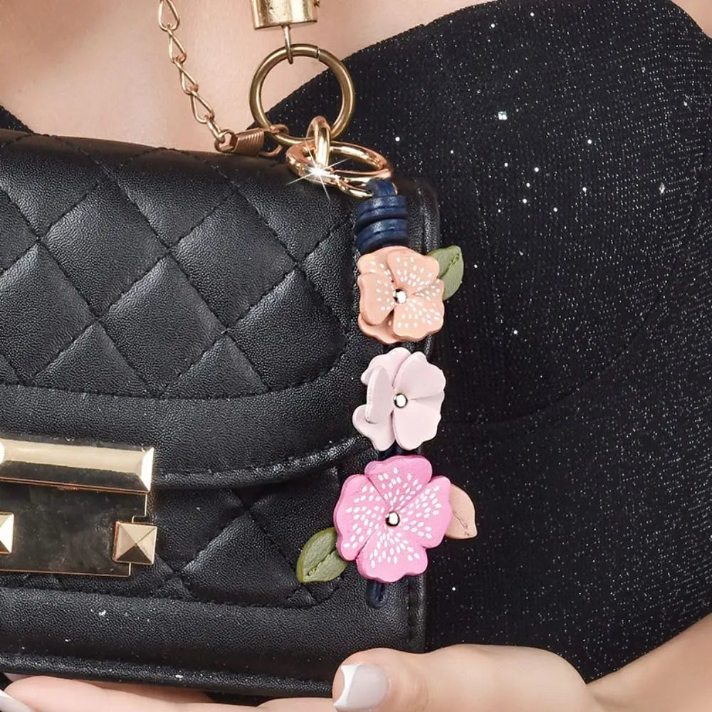 Handmade PU Leather Flower Bag Pendant & Keychain – Lotus Charm for Women
