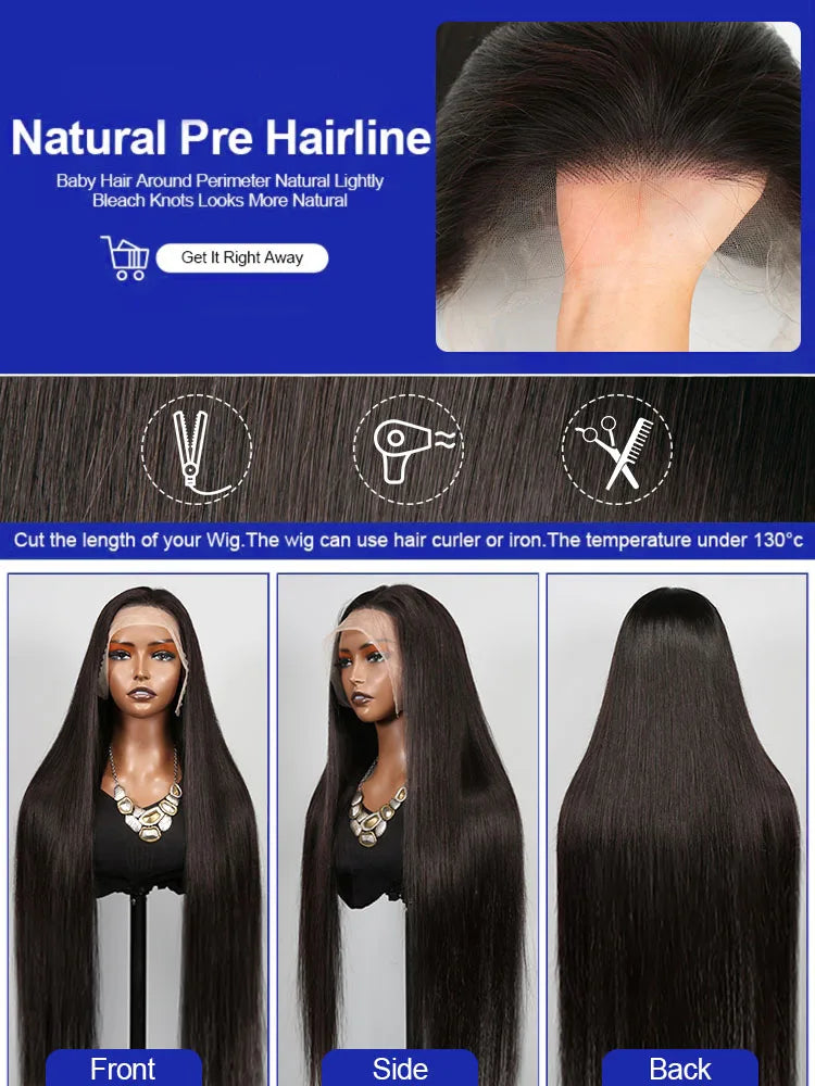 Bone Straight Human Hair Wig – 13x4 & 13x6 HD Lace Front, 200%-300% Density, 20–40 Inch