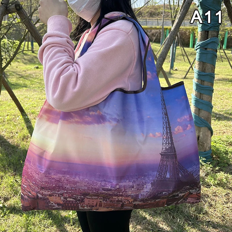 Foldable Nylon Shopping Tote Bag – Reusable Grocery & Travel Shoulder Bag