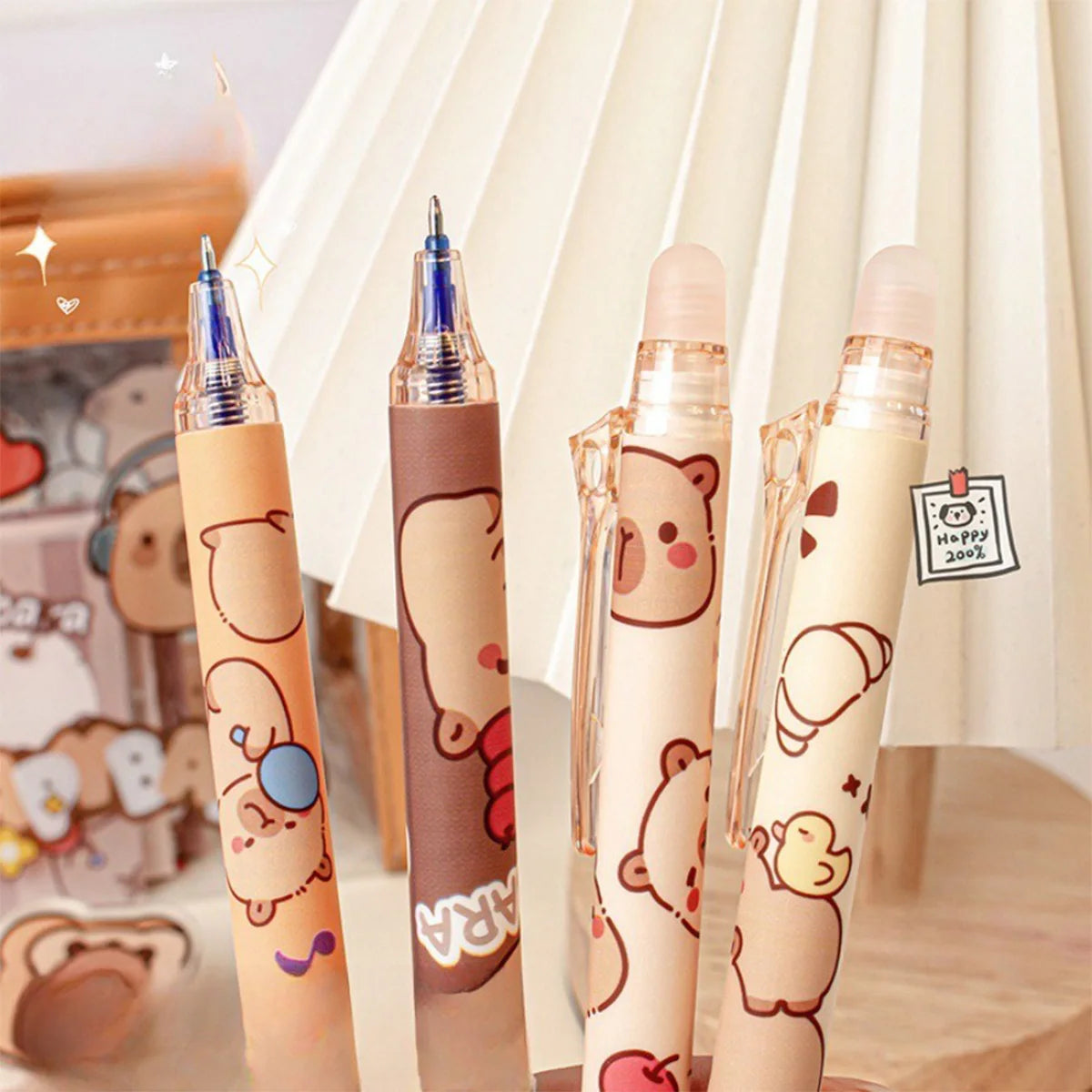 Capybara Erasable Refillable Gel Pens – Smudge-Free 0.5mm Cute Animal Stationery for Students & Office (5- or 6-Pack)