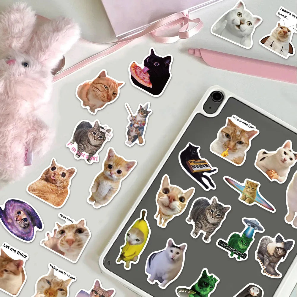 Funny Cat Meme Graffiti Stickers – 50 or 100pcs DIY Decals for Water Bottles, Skateboards & Toys