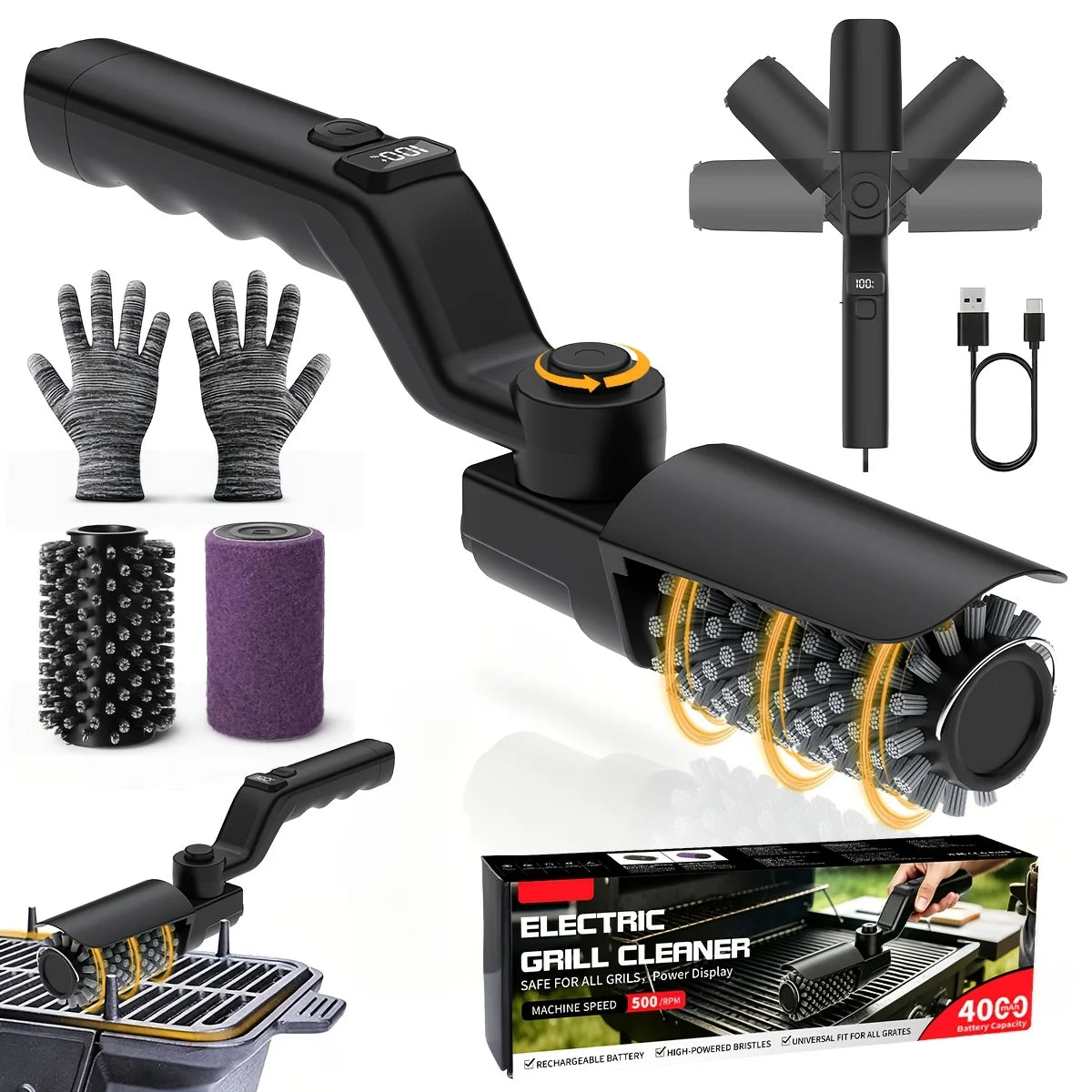 Electric Grill Scrubber Brush – 4000mAh Rechargeable, 3-Speed Rotating Cleaning Head