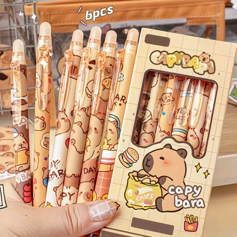 Capybara Erasable Retractable Gel Pens – 6pcs in 6 Colours, 0.5mm Quick-Dry Smooth Writing for School & Office