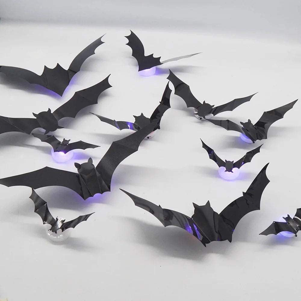 3D LED Bat Wall Decal Night Lights – 12 or 24pc Stereoscopic Bat Stickers for Halloween Party & Festival Decoration