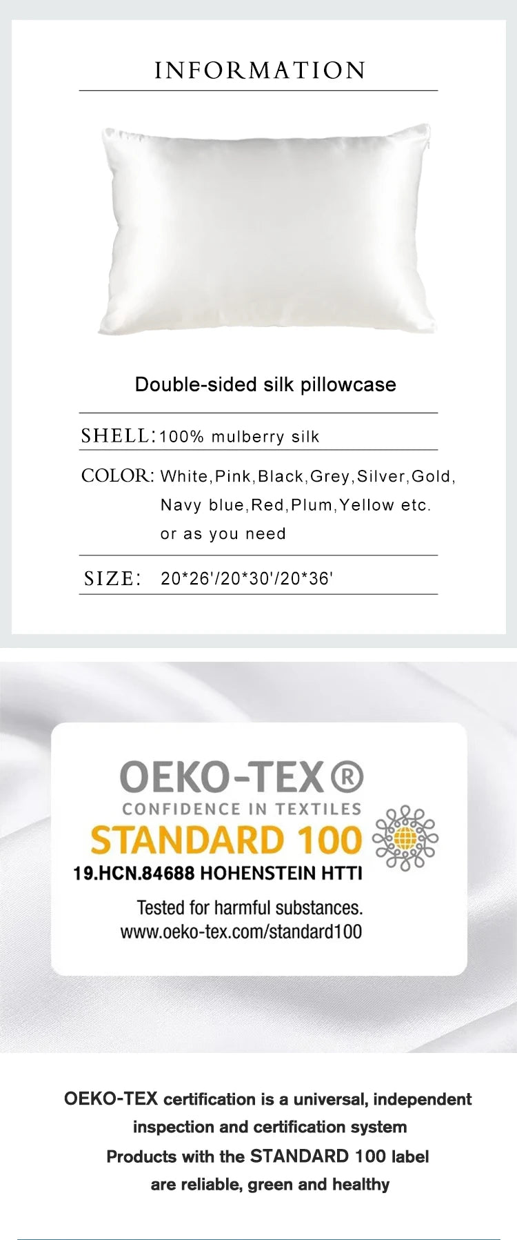 100% Mulberry Silk Pillowcase - OEKO-TEX Certified